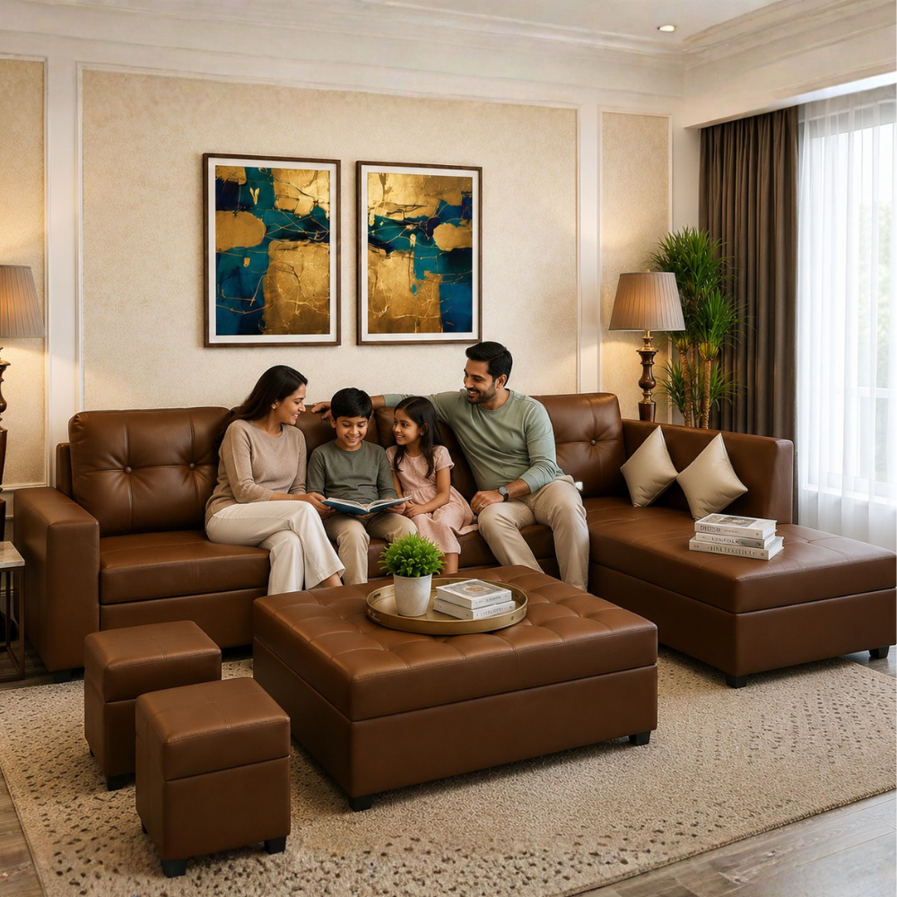 Austin 8 Seater L Shape Leatherette Sofa Set with Ottoman & Puffy – Luxury Modern Living Room Sofa
