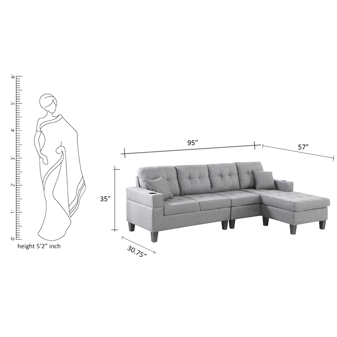 Madelyn 6 Seater Interchangeable L Shape Fabric Sofa For Living Room | Bedroom | Office