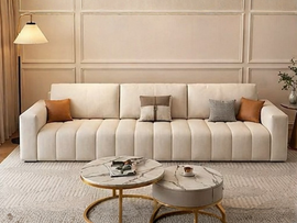 Averra Cream Fabric 4 Seater Sofa with Ottoman – Modern Minimalist Living Room Sofa