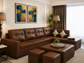 Austin 8 Seater L Shape Leatherette Sofa Set with Ottoman & Puffy – Luxury Modern Living Room Sofa