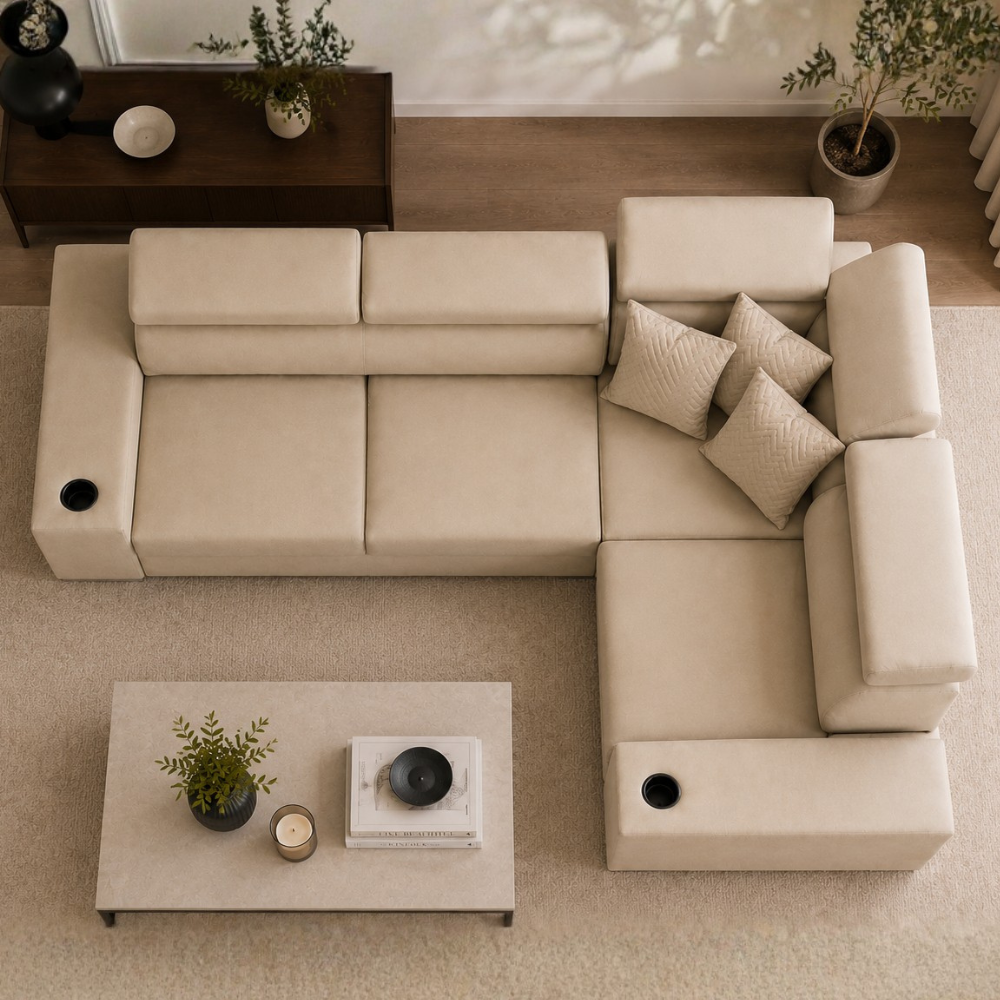 Sienna 5 Seater L Shape Fabric Sofa with Adjustable Headrests & Cup Holders | Modern Corner Sofa for Living Room