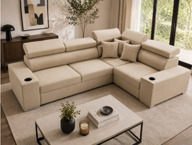 Sienna 5 Seater L Shape Fabric Sofa with Adjustable Headrests & Cup Holders | Modern Corner Sofa for Living Room