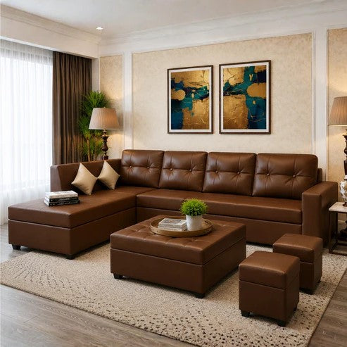 Austin 8 Seater L Shape Leatherette Sofa Set with Ottoman & Puffy – Luxury Modern Living Room Sofa