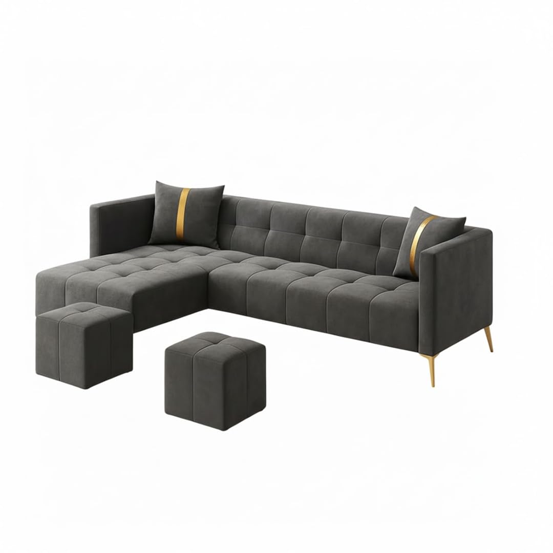 Zyora L Shape 6 Seater Fabric Sofa Set with 2 Puffy | Modern Luxury Corner Sofa for Living Room