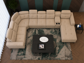 Arnold 8 Seater Sofa with Lounger and Cup Holder Beige | Corner Sofa Couch with Moveable Headrest | U Shape Sectional Sofa Set Living Room Office Home