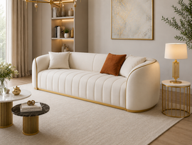 Rovelle Modern Luxury Curved Sofa – Cream Velvet Upholstered 3-Seater Couch with Gold Trim Accent for Living Room