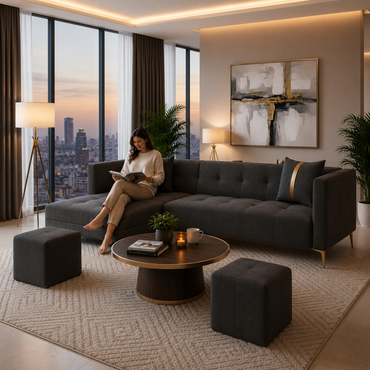 Zyora L Shape 6 Seater Fabric Sofa Set with 2 Puffy | Modern Luxury Corner Sofa for Living Room
