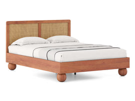 Japanese Style Queen Size Wooden Bed with Cane Backrest