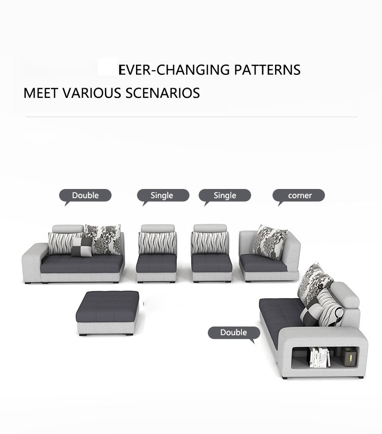 Allister U Shape 9 Seater Fabric Sofa Set with 4 Square Puffy