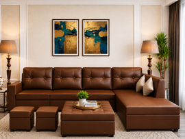 Austin 8 Seater L Shape Leatherette Sofa Set with Ottoman & Puffy – Luxury Modern Living Room Sofa