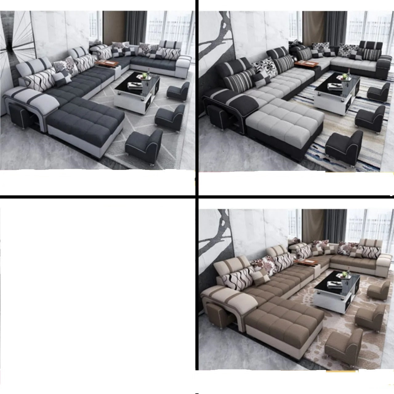 Galster U Shape 9 Seater Fabric Sofa Set and additional 4 Puffy - Torque India