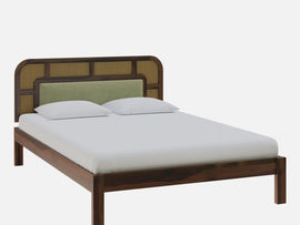 Interio Modern Wooden Platform Bed with Rattan Headboard – Solid Wood Frame, Minimalist Bedroom Furniture (King Size)
