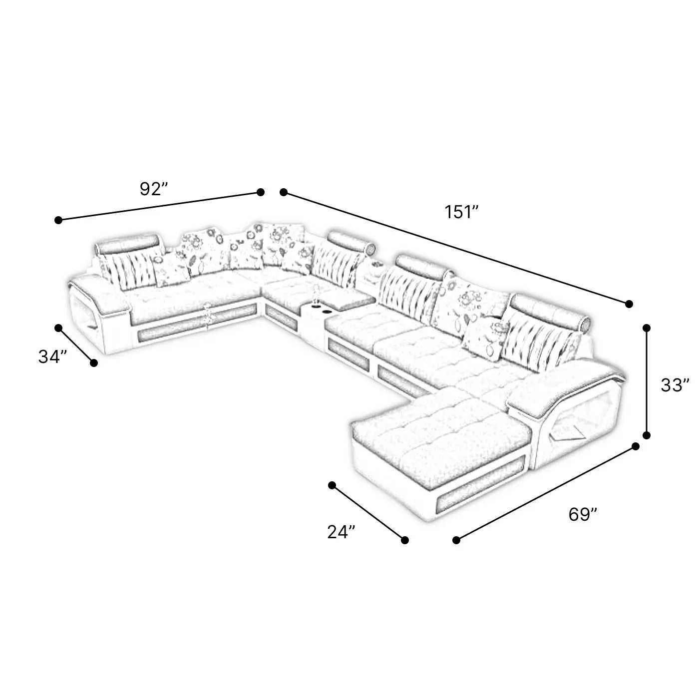 Silvester U - Shape 9 - Seater Fabric Sofa Set with Cup Holder and 4 Additional Puffies - Torque India