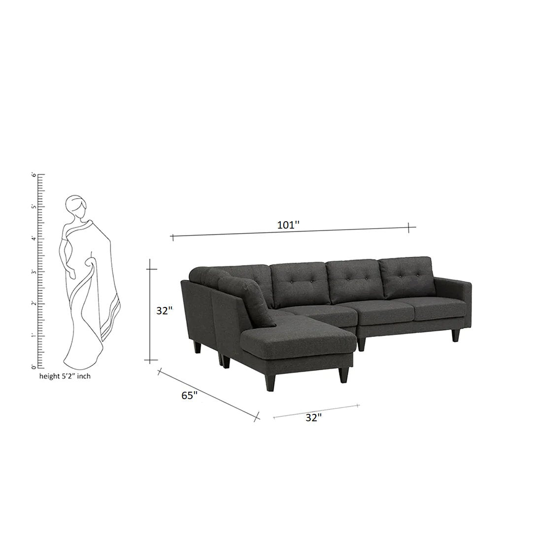 Alfredo 5 Seater Fabric L Shape Sofa - Torque India
