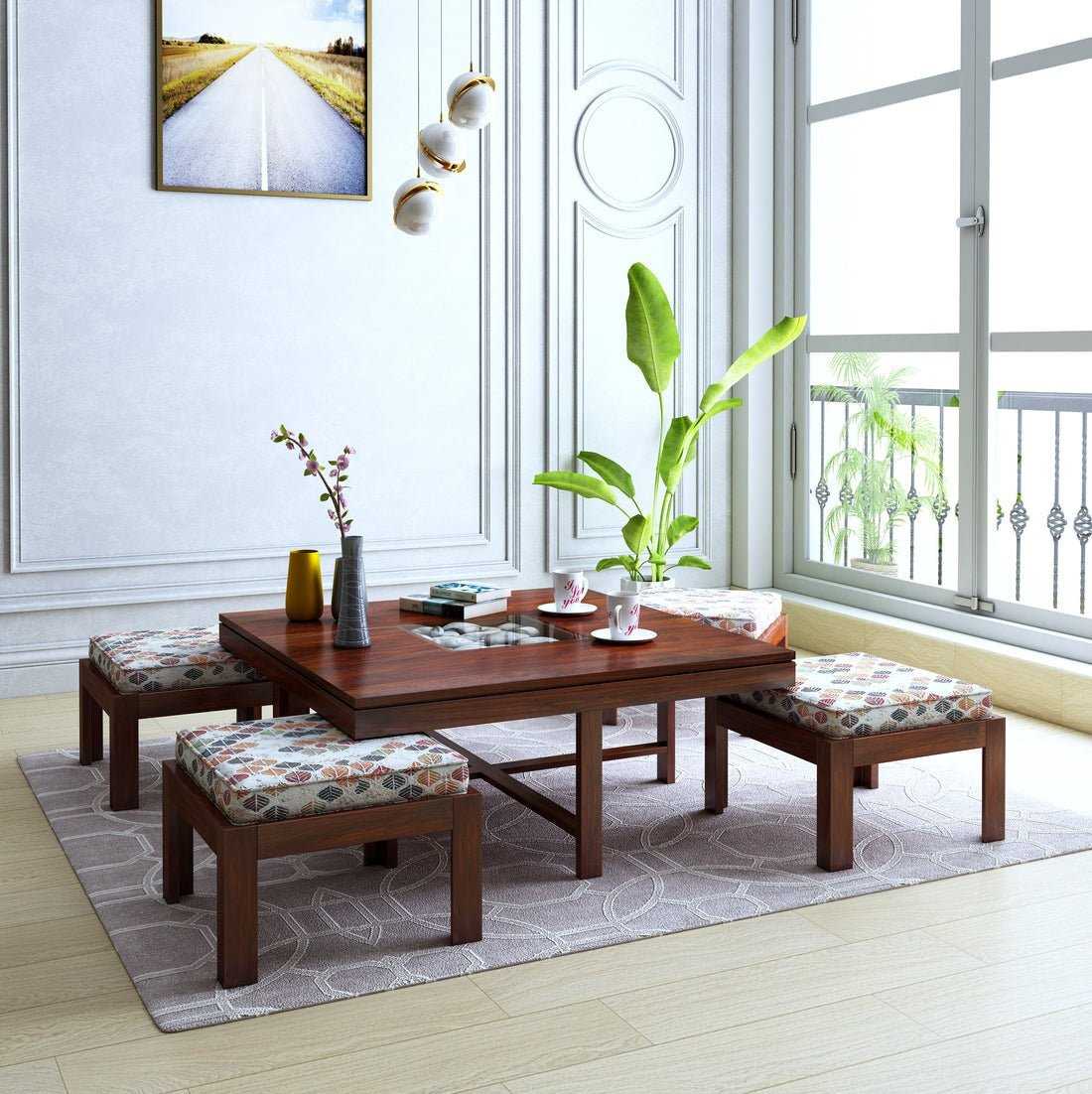 Anzio Solid Wood Coffee Table Centre Table With Seating Stool For Living