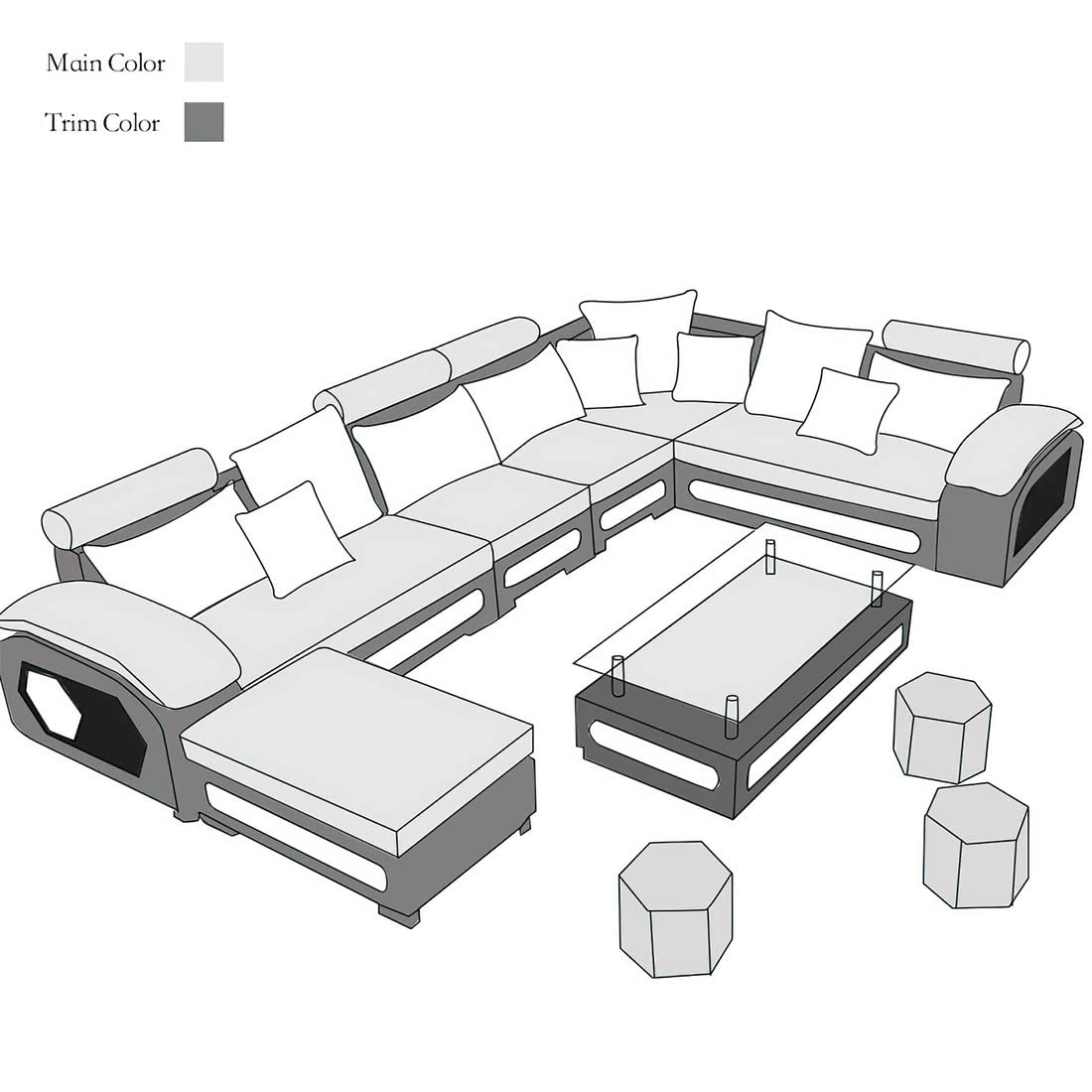 Bristol U Shape 9 Seater Fabric Sofa Set with 4 Puffy for Living Room - Torque India