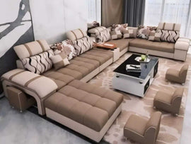 Galster U Shape 9 Seater Fabric Sofa Set and additional 4 Puffy - Torque India