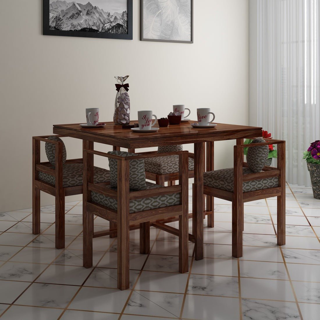 Jeff Wooden Square Dining Table Sets with 4 Cushioned Chairs - Torque India