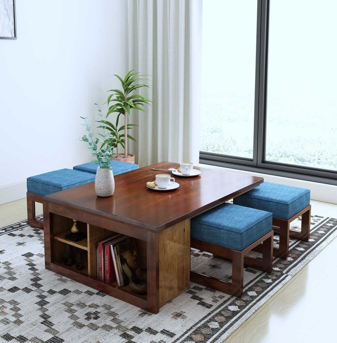 Plutto Solid Wood Coffee Table Centre Table With Seating Stool For Living