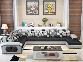 Silvester U Shape 12 Seater Fabric Sofa Set with 4 Puffy - Torque India