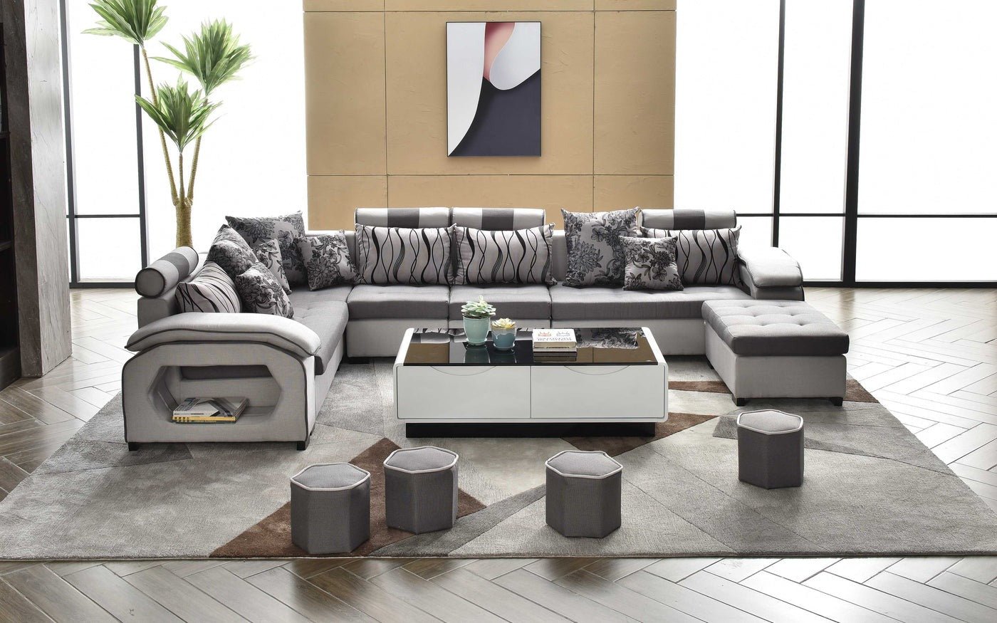 Silvester U Shape 9 Seater Fabric Sofa Set with 4 Puffy - Torque India