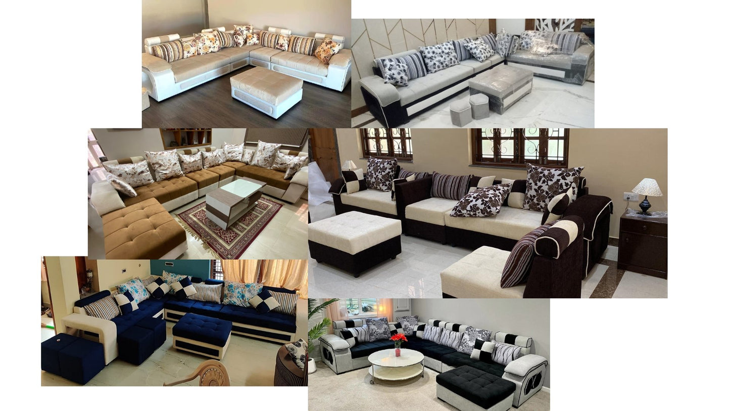 Silvester U Shape 9 Seater Fabric Sofa Set with 4 Puffy - Torque India