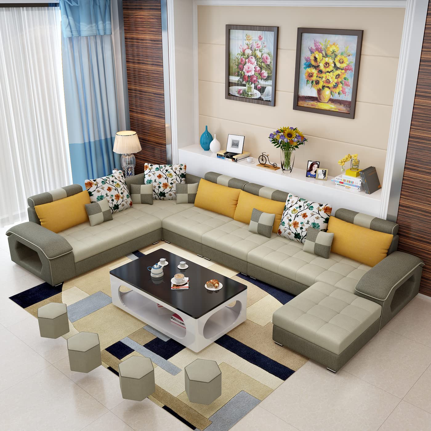 Silvester U Shape 9 Seater Fabric Sofa Set with 4 Puffy - Torque India