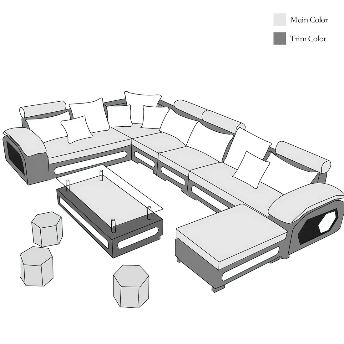 Silvester U Shape 9 Seater Fabric Sofa Set with 4 Puffy - Torque India