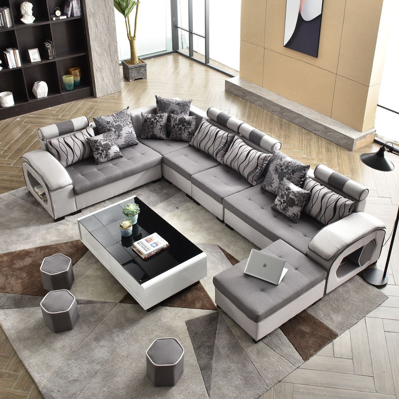 Silvester U Shape 9 Seater Fabric Sofa Set with 4 Puffy - Torque India