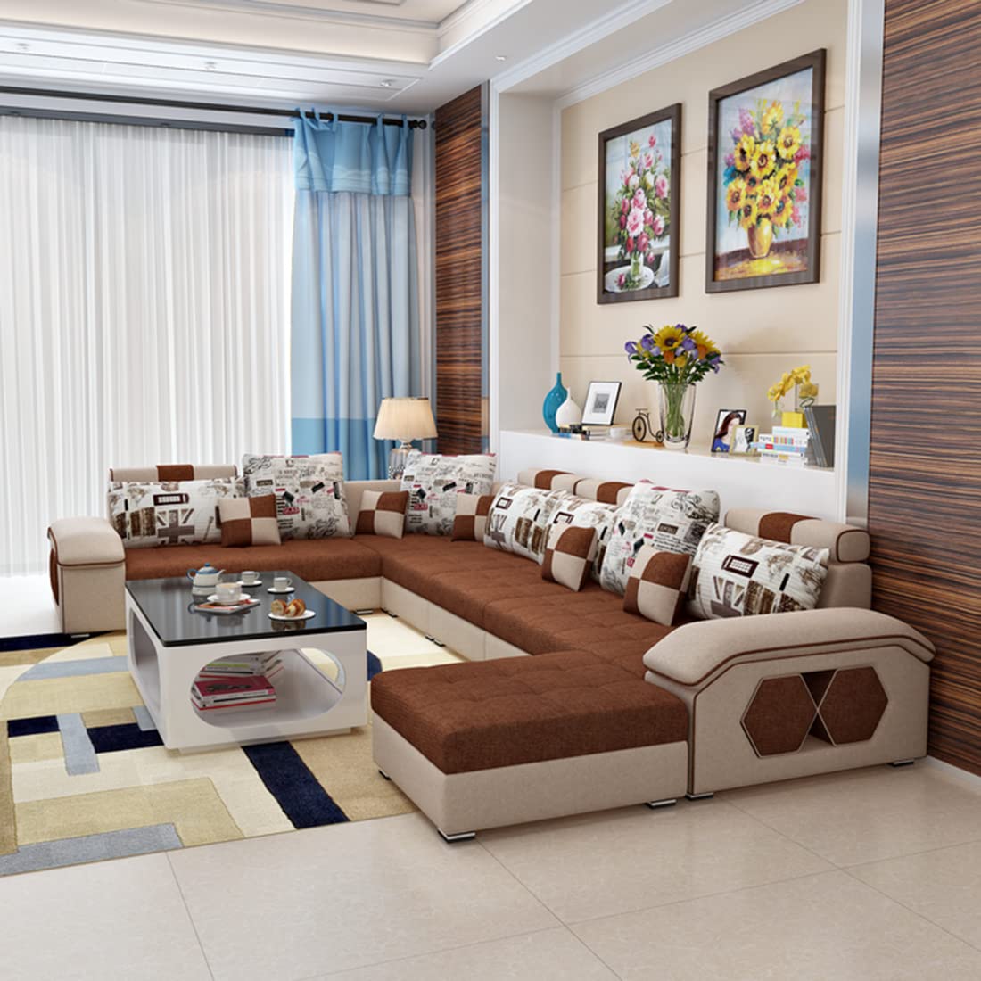Silvester U Shape 9 Seater Fabric Sofa Set with 4 Puffy - Torque India