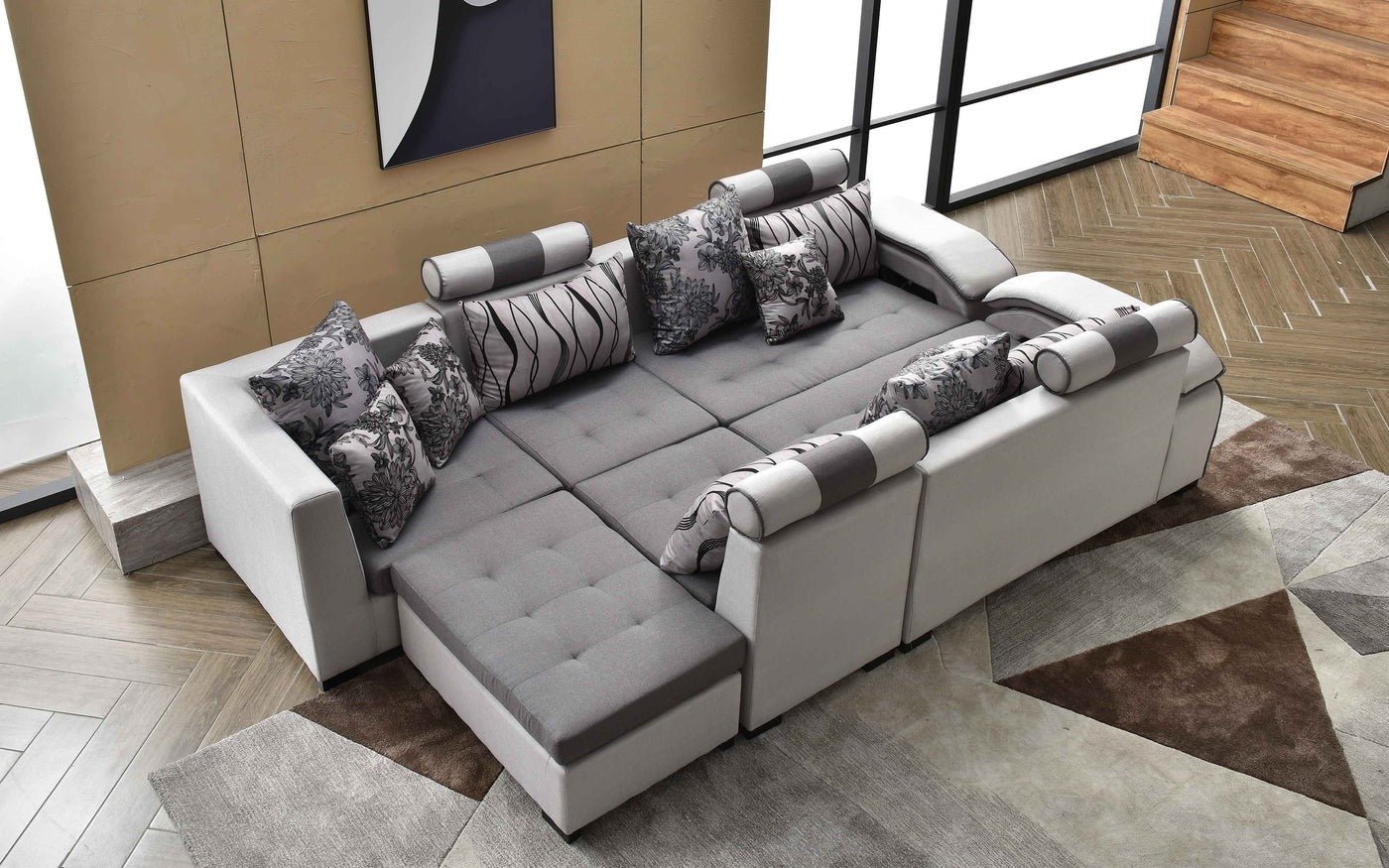Silvester U Shape 9 Seater Fabric Sofa Set with 4 Puffy - Torque India