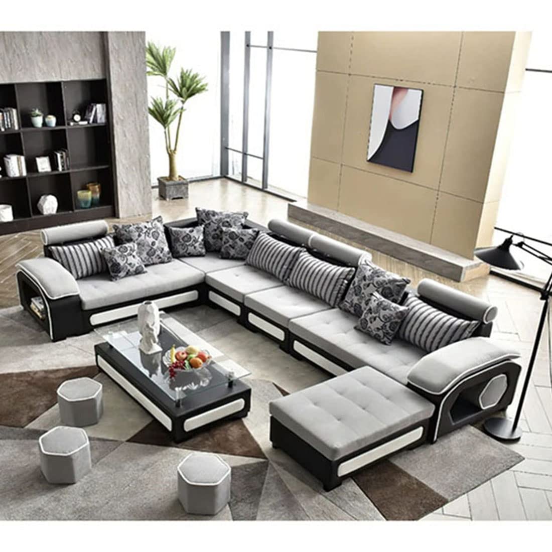 Silvester U Shape 9 Seater Fabric Sofa Set with 4 Puffy - Torque India