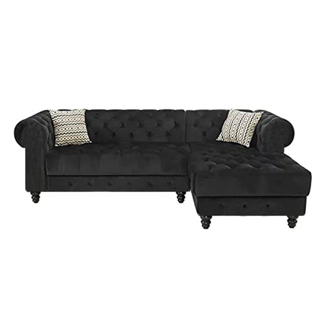 Torque India Cannes Solid Wood 5 Seater L Shape Fabric Chesterfield Sofa for Living - Black - Torque India