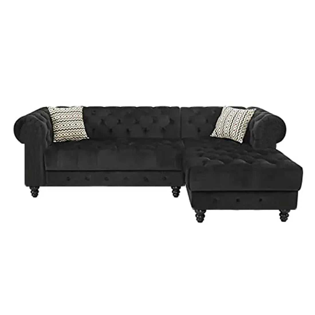 Torque India Cannes Solid Wood 5 Seater L Shape Fabric Chesterfield Sofa for Living - Black - Torque India
