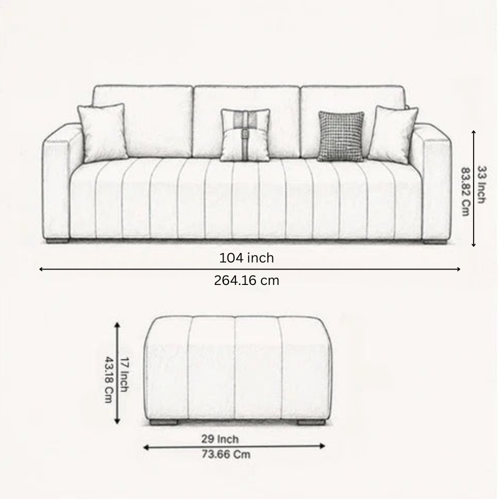 Averra Cream Fabric 4 Seater Sofa with Ottoman – Modern Minimalist Living Room Sofa