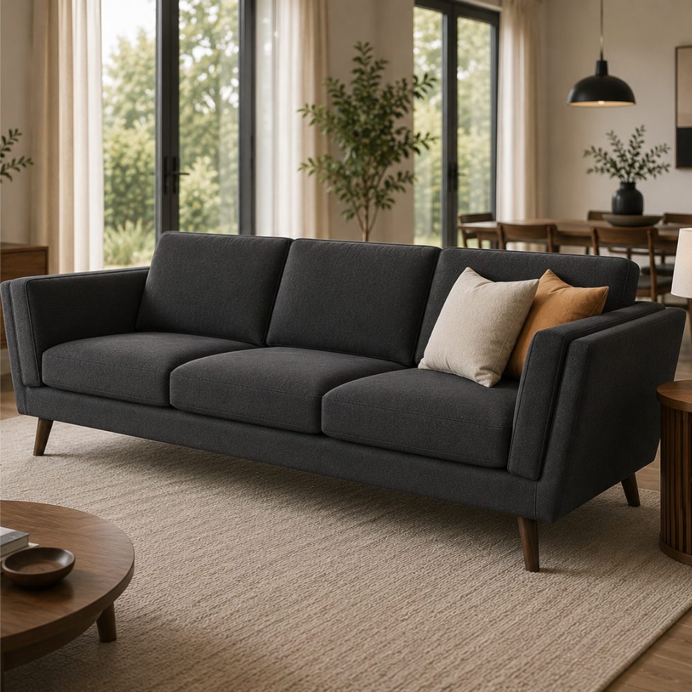 Saffron 3 Seater Premium Fabric Sofa for Living Room | Modern Upholstered Couch with Cushioned Seating