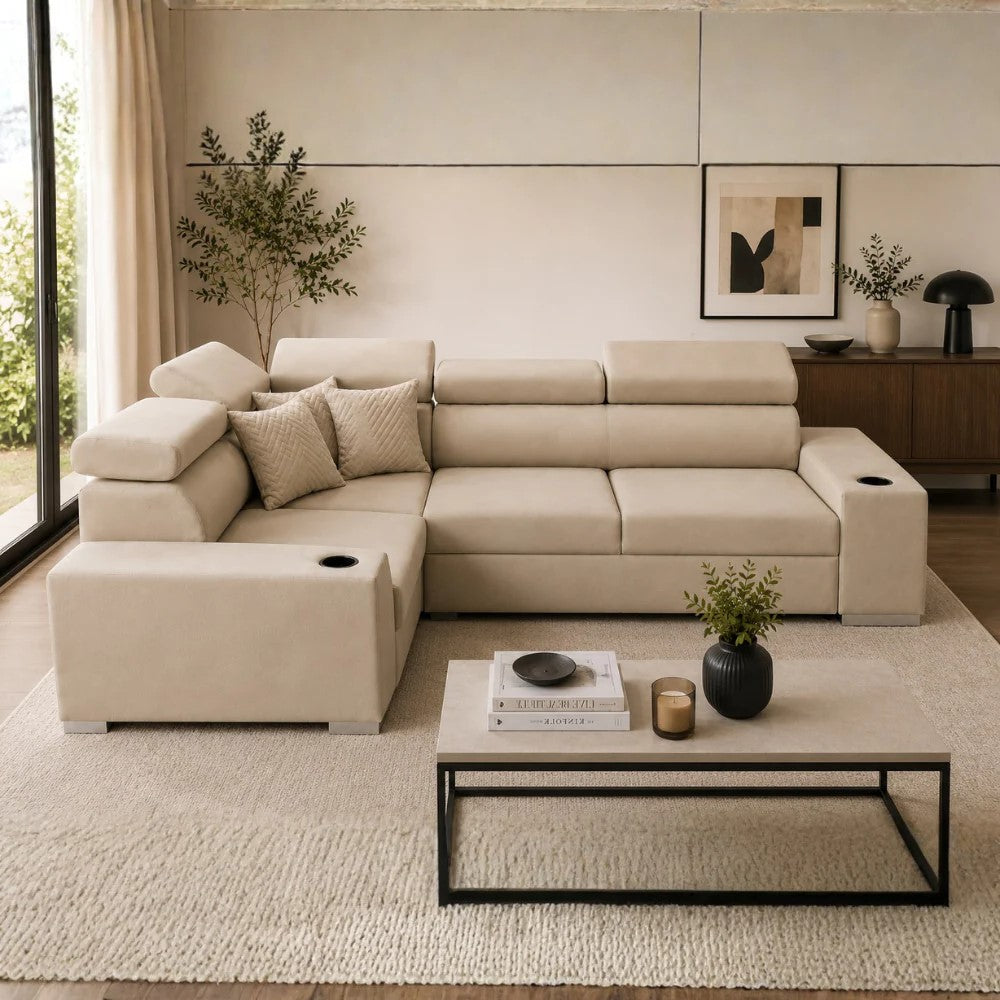 Sienna 5 Seater L Shape Fabric Sofa with Adjustable Headrests & Cup Holders | Modern Corner Sofa for Living Room