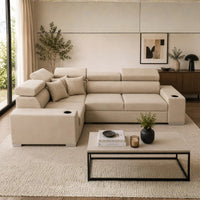 Sienna 5 Seater L Shape Fabric Sofa with Adjustable Headrests & Cup Holders | Modern Corner Sofa for Living Room