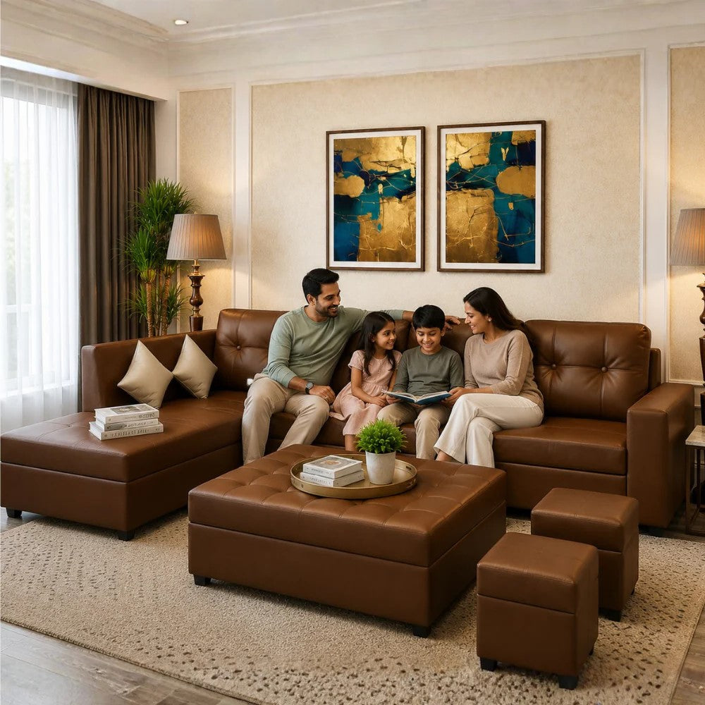 Austin 8 Seater L Shape Leatherette Sofa Set with Ottoman & Puffy – Luxury Modern Living Room Sofa