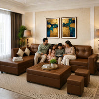 Austin 8 Seater L Shape Leatherette Sofa Set with Ottoman & Puffy – Luxury Modern Living Room Sofa