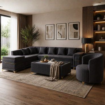 Monarch Luxury L Shape Velvet Sofa Set with Ottoman & Accent Chair – Modern Sectional Living Room Sofa