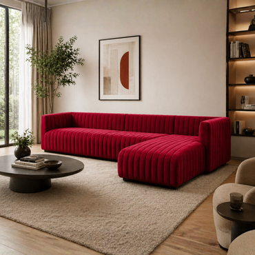 Verlino Velvet L Shape 5 Seater Sofa – Modern Red Designer Sectional Sofa for Living Room