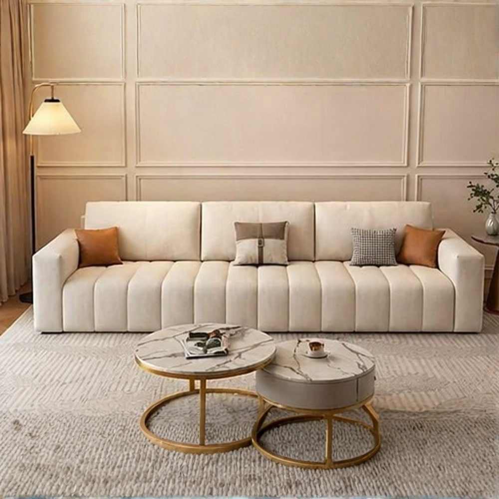 Averra Cream Fabric 4 Seater Sofa with Ottoman – Modern Minimalist Living Room Sofa