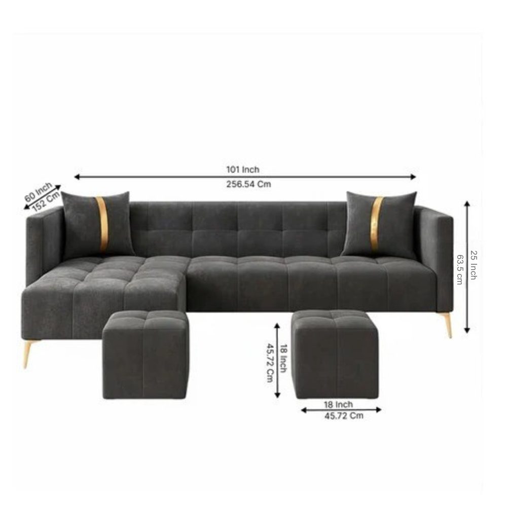 Zyora L Shape 6 Seater Fabric Sofa Set with 2 Puffy | Modern Luxury Corner Sofa for Living Room