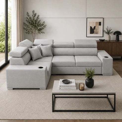 Sienna 5 Seater L Shape Fabric Sofa with Adjustable Headrests & Cup Holders | Modern Corner Sofa for Living Room