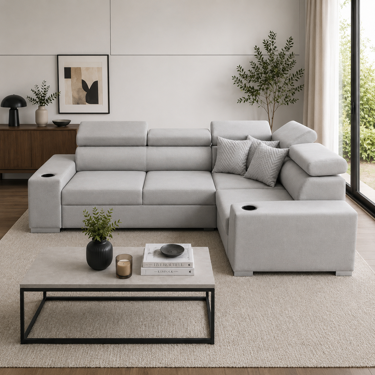 Sienna 5 Seater L Shape Fabric Sofa with Adjustable Headrests & Cup Holders | Modern Corner Sofa for Living Room