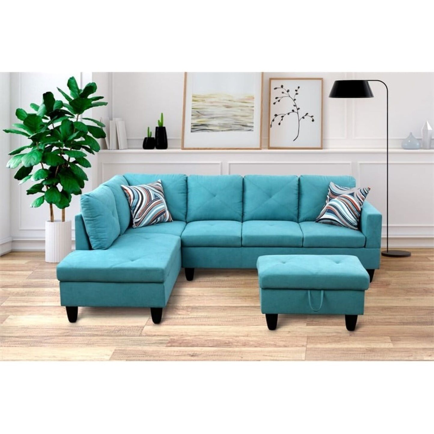 Christen 5 Seater L Shape Fabric Sofa Set with Storage Ottoman