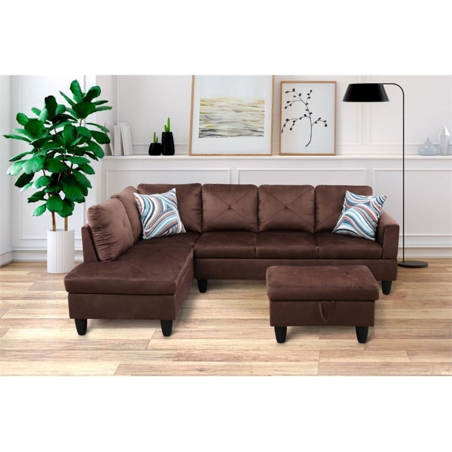 Christen 5 Seater L Shape Fabric Sofa Set with Storage Ottoman