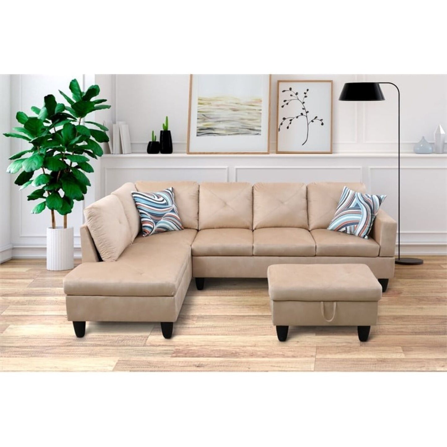 Christen 5 Seater L Shape Fabric Sofa Set with Storage Ottoman