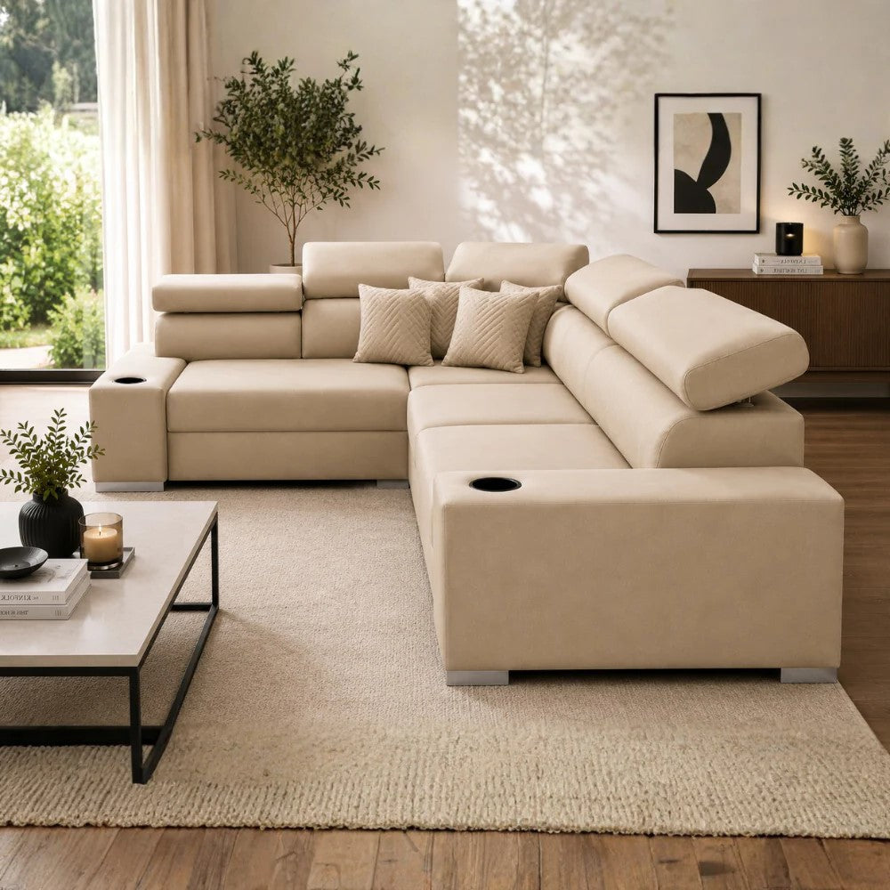 Sienna 5 Seater L Shape Fabric Sofa with Adjustable Headrests & Cup Holders | Modern Corner Sofa for Living Room